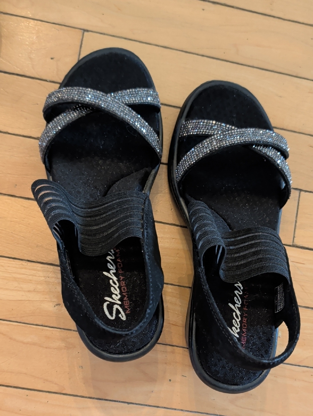 Skechers Black Sparkle Cross-Strap Memory Foam Sandals